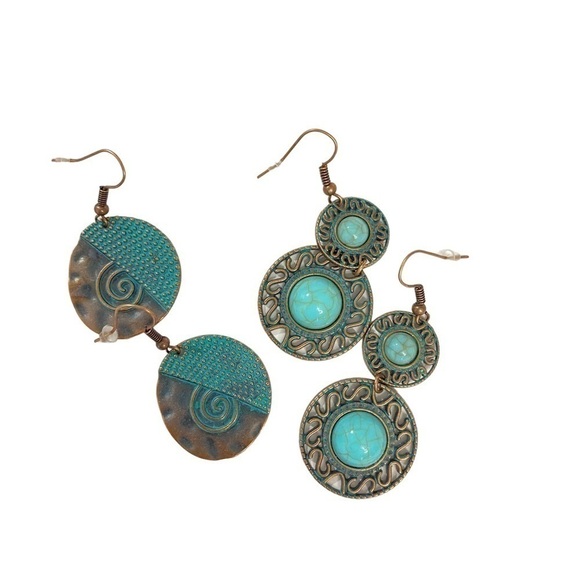 Earrings NWOT 2 Pair Fishhook Copper and Turquoise Color Metal - Picture 1 of 7